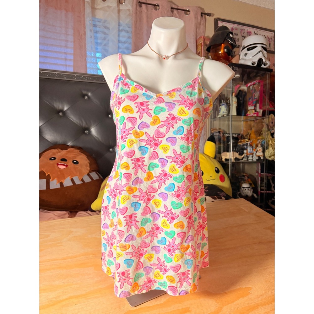 Y2K It's Happy Bunny Jim Benton Vintage Nightgown Cami Dress Hearts Pink L #2
